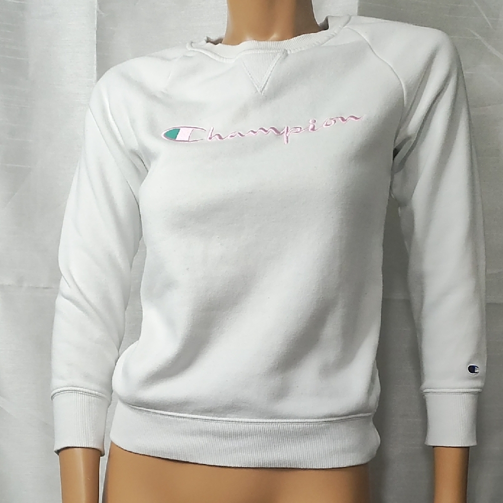 Champion White and Pink Fitted Sweatshirt